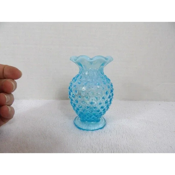 Fenton Vase Hobnail Aqua Blue Opalescent Glass Bud Small 3.5” Ruffle Edge Set 2 - Picture 11 of 16